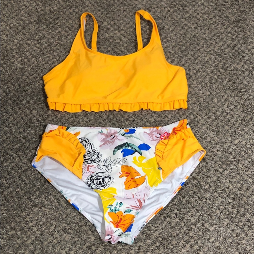 Yellow Ruffle Bikini Set with Floral High-Waist Bottoms